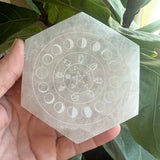 Selenite Hexagonal Lunar Cycle Etched Plate